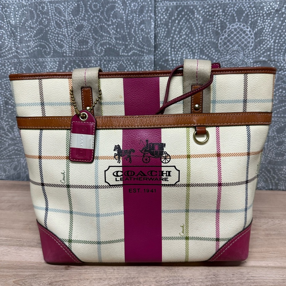 Coach Multicolor Plaid Leather Tote
